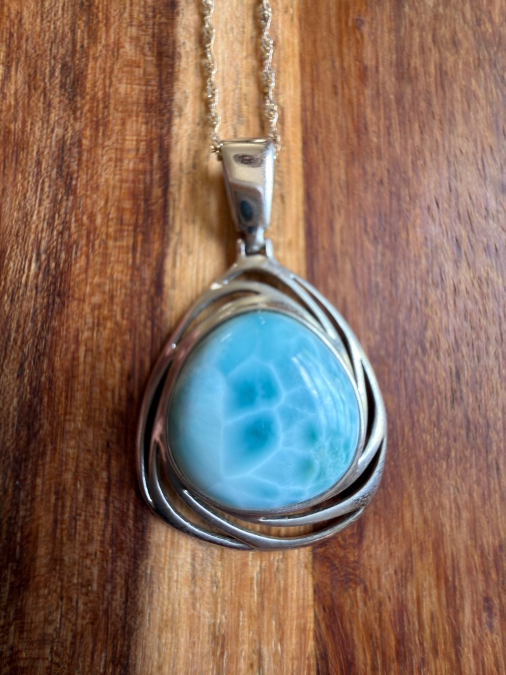 Vintage Signed CFJ Thailand 925 Sterling Silver Large Larimar Pendant Necklace